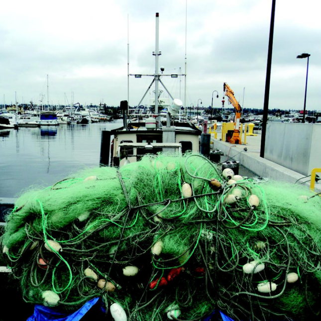 nets on the back of a boat.